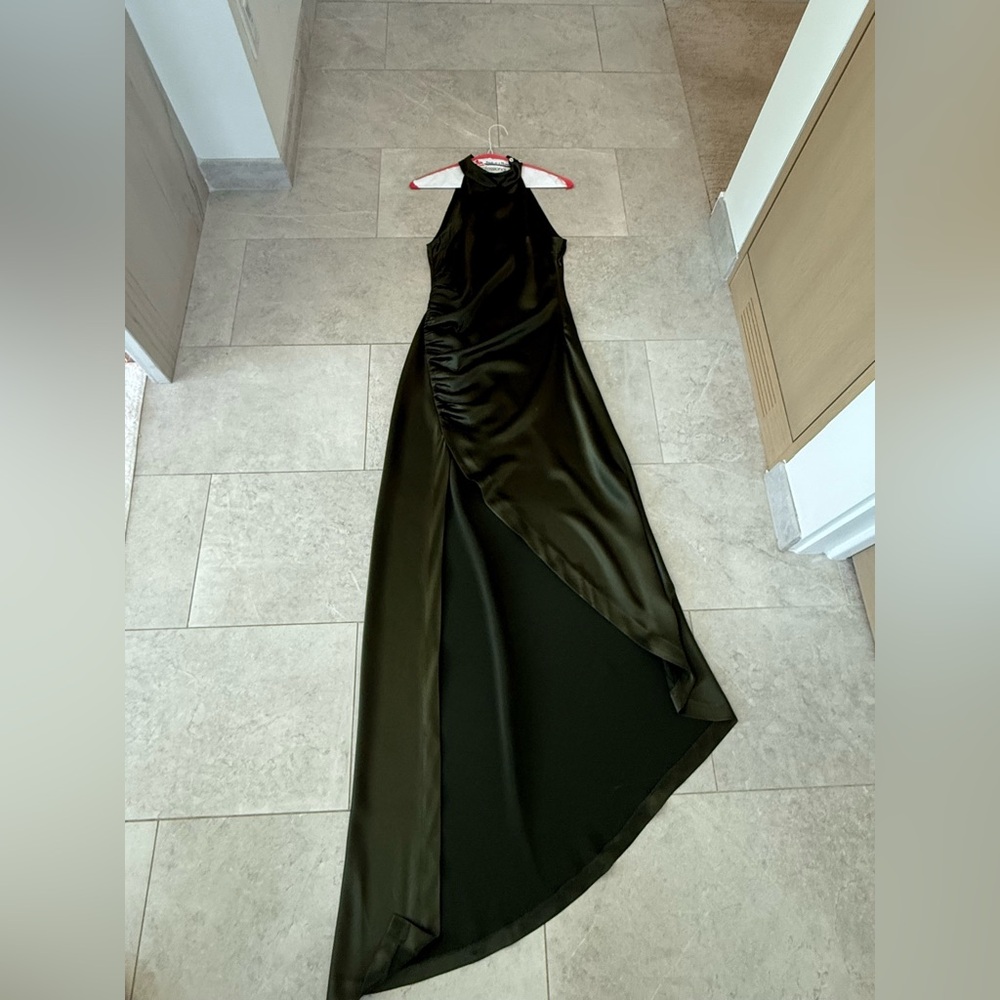 Retrofete Olive Green High-Low Halter Gown - Picture 4 of 12